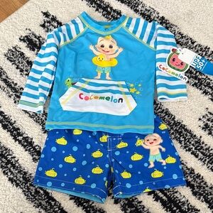 CoComelon JJ Infant Baby Boys Rash Guard and Swim Trunks Outfit Set size 12 M